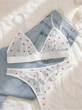 Sheer White Bralette & Thong Set with Red Heart Print